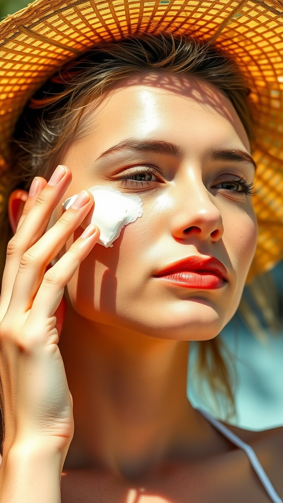 A young woman applying sunscreen to her face while wearing a straw hat, promoting sun protection for healthy skin.