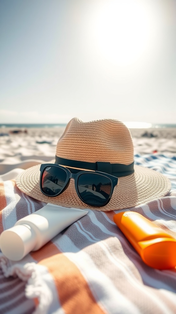 A straw hat and sunglasses with sunscreen tubes on a beach towel under sunlight.