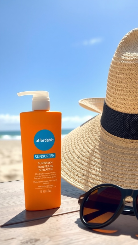 An affordable sunscreen bottle, a straw hat, and sunglasses on a beach setting.