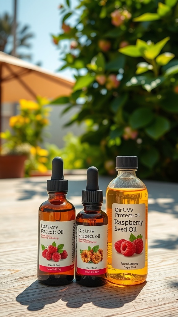 A collection of raspberry seed oils displayed on a wooden table, surrounded by green plants and flowers.