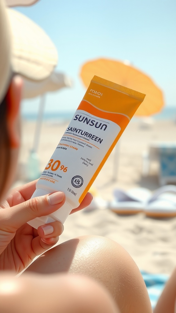 A person holding a tube of sunscreen with a beach background