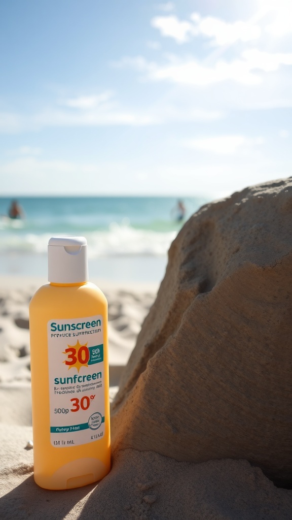 A bottle of sunscreen on the beach with a blue sky and ocean in the background