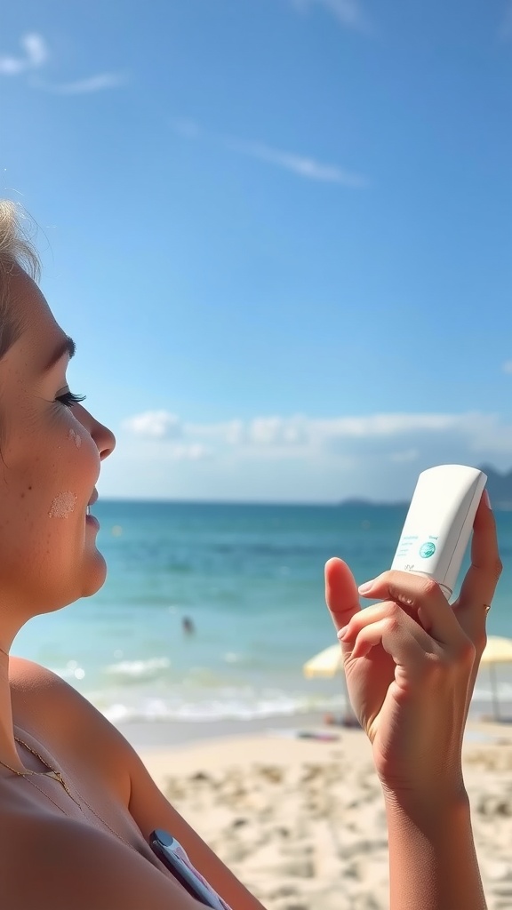 A woman at the beach applying sunscreen, smiling with the ocean in the background.