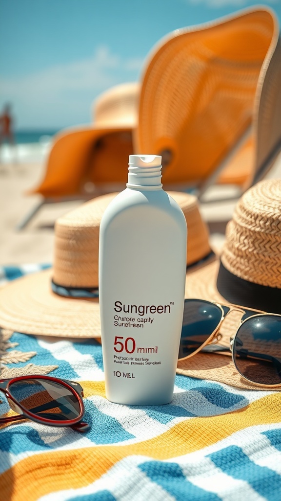 A bottle of sunscreen on a beach towel with sunglasses and a sun hat