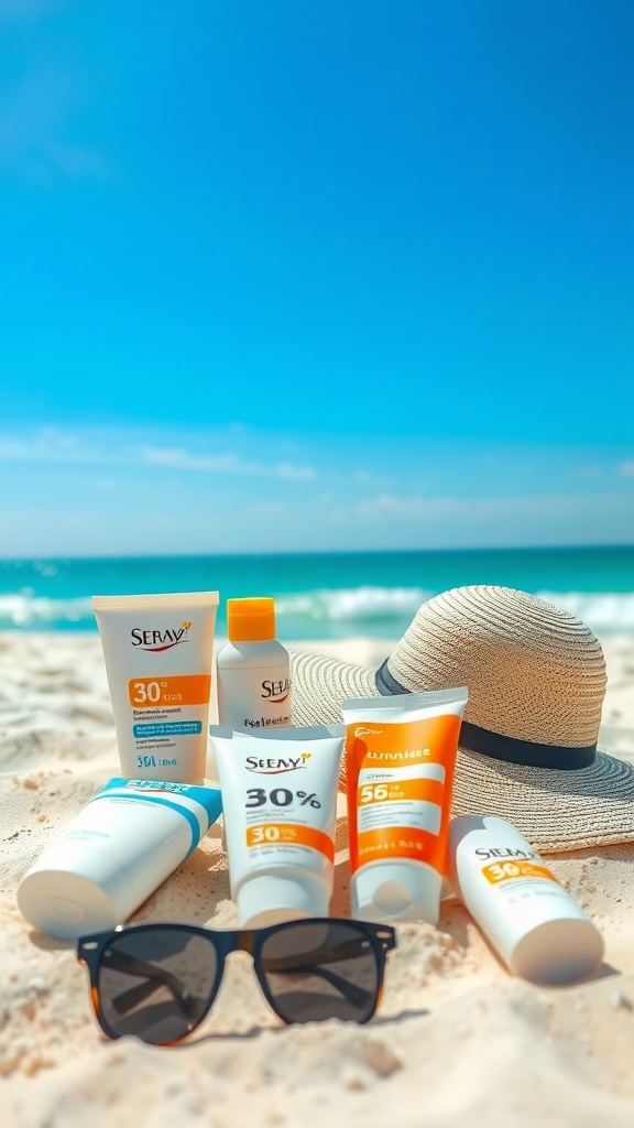 A collection of sunscreen products on a sandy beach with a blue sky and ocean in the background.