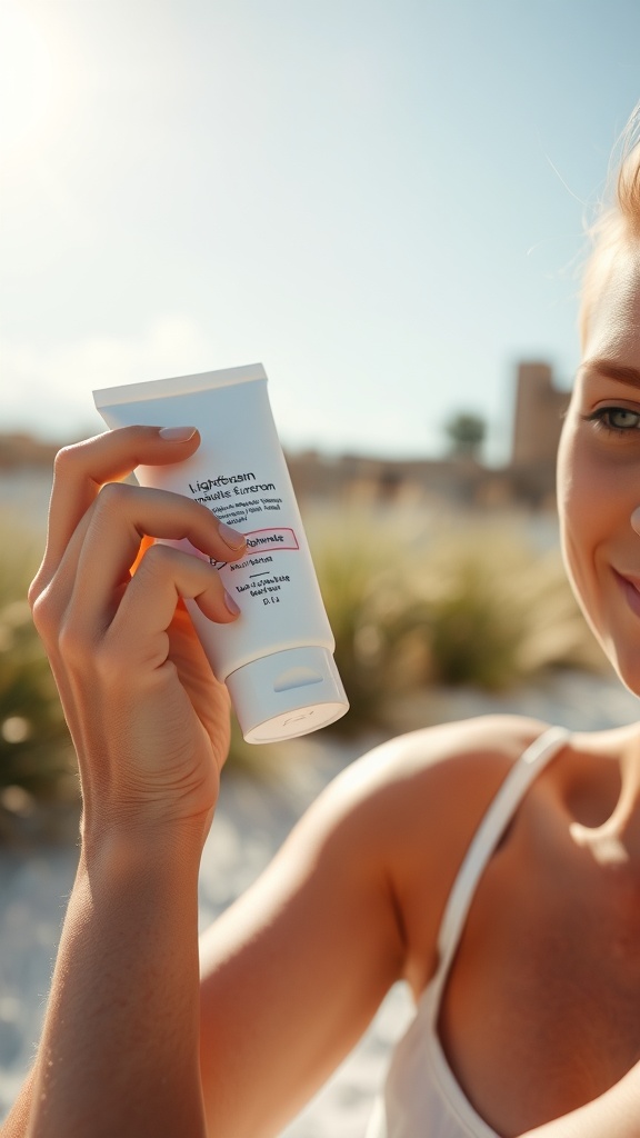 A person holding a tube of lightweight sunscreen while outdoors.