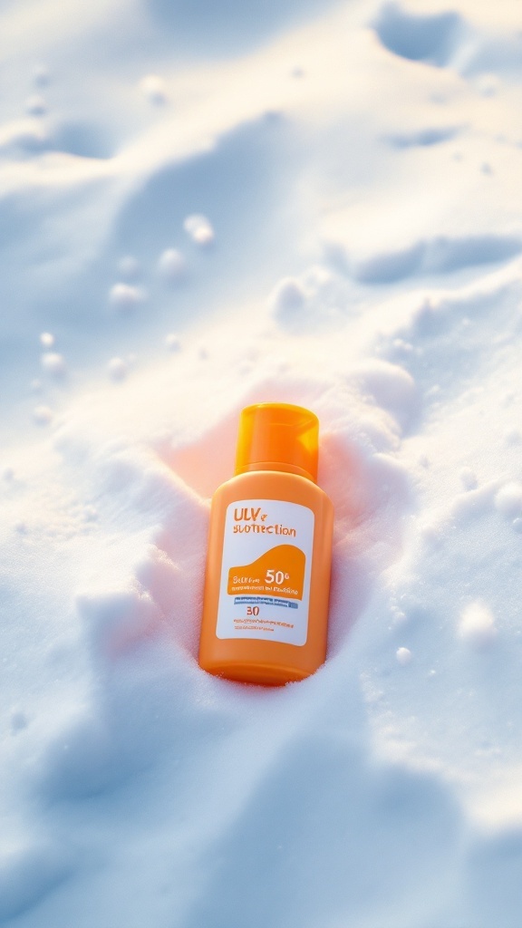 A bottle of sunscreen on snow, highlighting the importance of sun protection in winter.