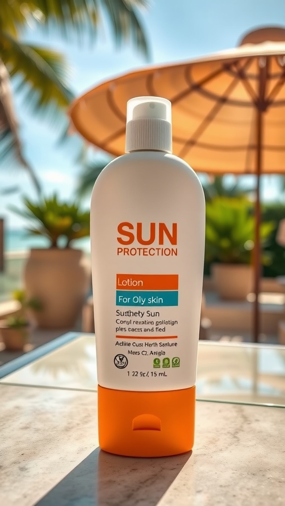 A bottle of sunscreen lotion designed for oily skin, placed on a surface with a beach background.