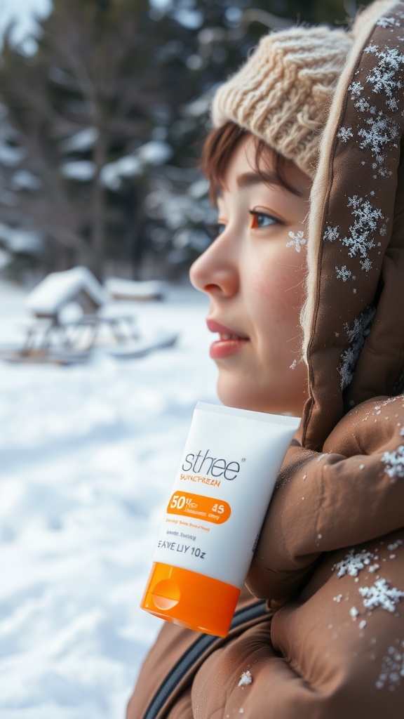 A person wearing a warm coat and hat holding a tube of sunscreen in a snowy landscape.