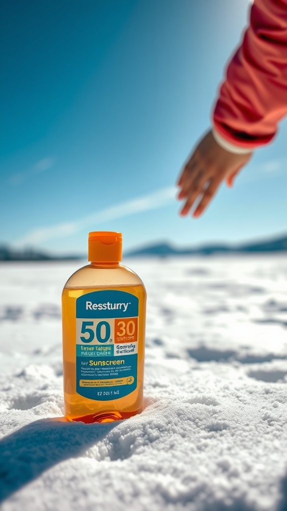 A bottle of sunscreen on snow with a hand reaching for it