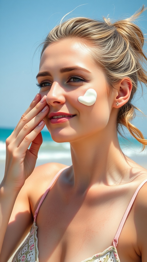 A woman applying sunscreen on her face with a beach background