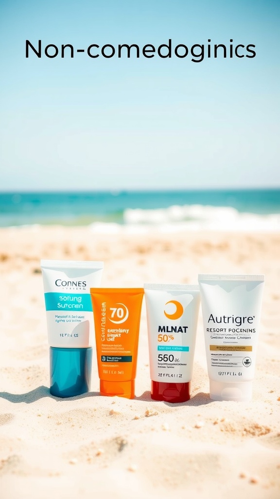 Various sunscreens for oily skin displayed on a sandy beach