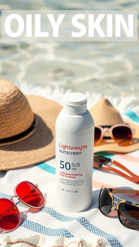 A bottle of lightweight sunscreen for oily skin, surrounded by sunglasses and a sun hat on a beach towel.