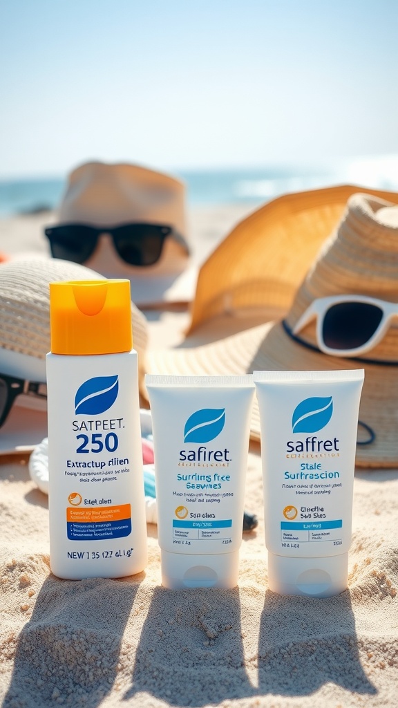 Three different sunscreen products on a sandy beach with sunglasses and hats in the background.