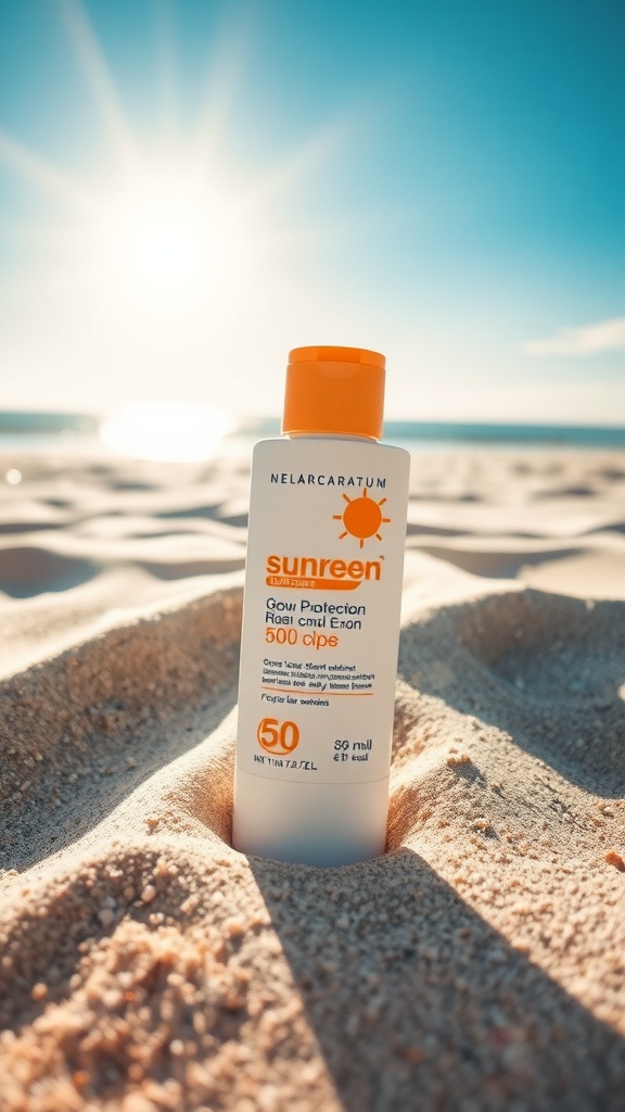 A sunscreen bottle on the beach with the sun shining in the background.