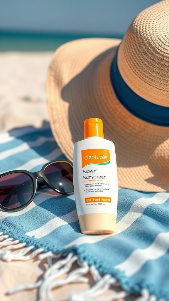 A bottle of sunscreen next to sunglasses and a sun hat on a beach towel.