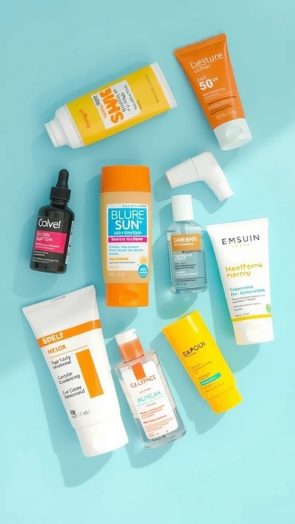 A variety of sunscreen products displayed on a blue background.