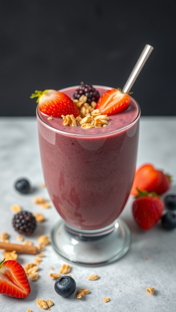 A vibrant Superfood Acai Berry Smoothie topped with granola and fresh berries.