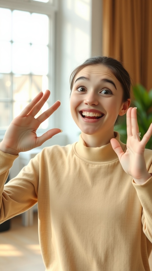 A young woman smiling widely with an expression of surprise, hands raised in a joyful gesture.