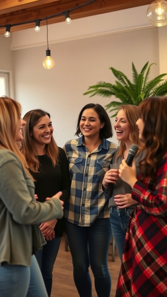A group of five friends laughing and talking in a cozy setting, radiating joy and support.