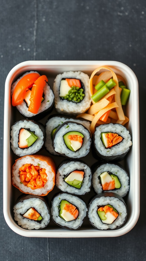 A lunchbox filled with colorful sushi rolls and fresh veggies.