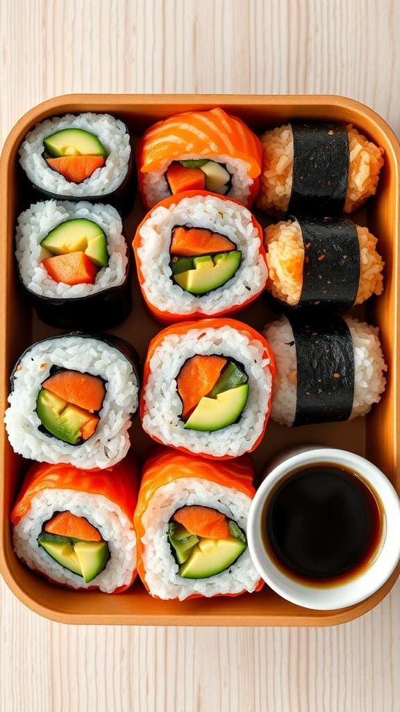 Colorful sushi rolls with vegetables and salmon in a lunchbox.