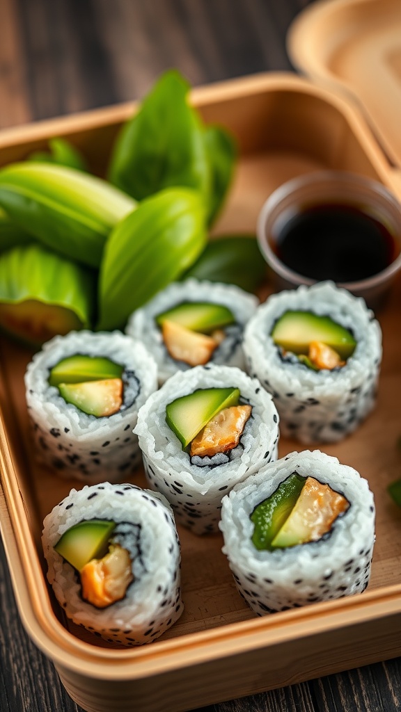 Delicious sushi rolls with avocado and cucumber