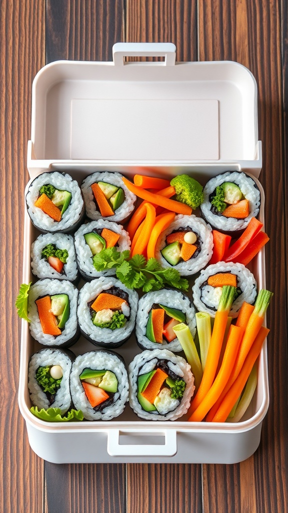 Colorful sushi rolls with various vegetables in a lunchbox.