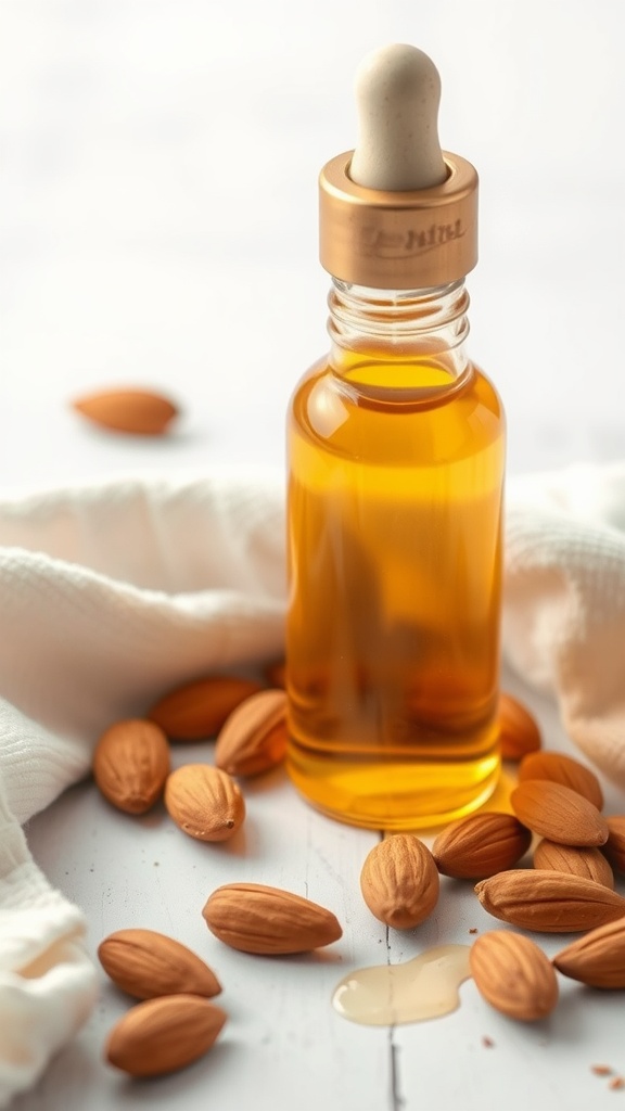 A dropper bottle of sweet almond oil surrounded by almonds on a soft white cloth.