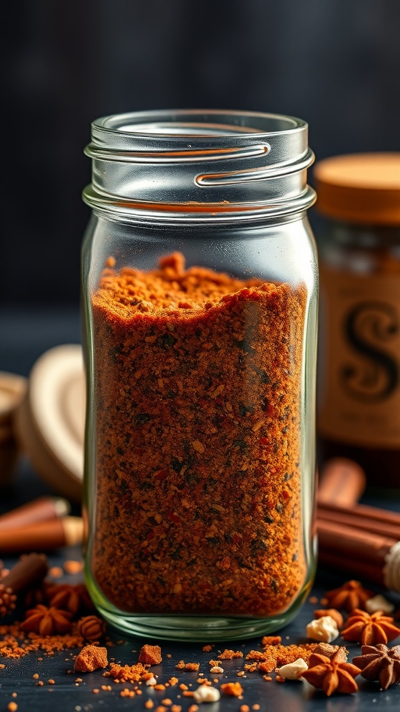 A jar of sweet and smoky BBQ rub surrounded by spices and wooden utensils.