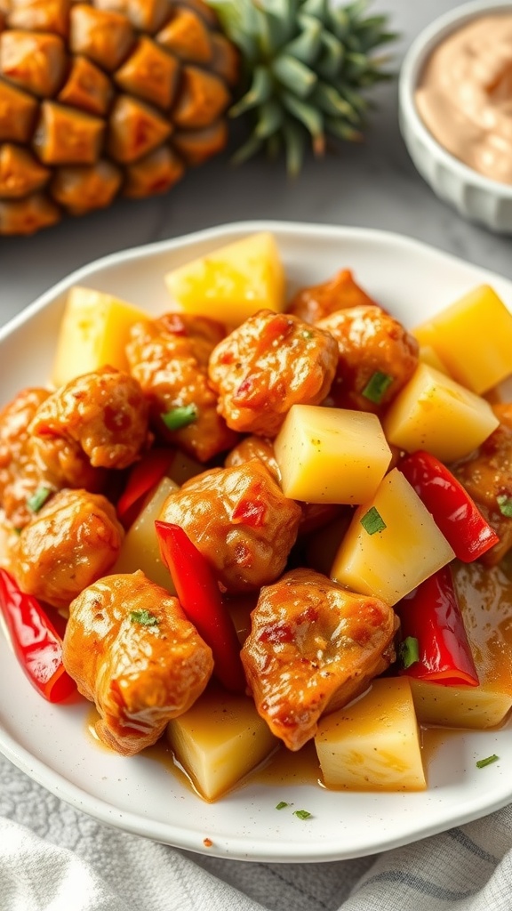 Plate of sweet and sour chicken with pineapple and bell peppers