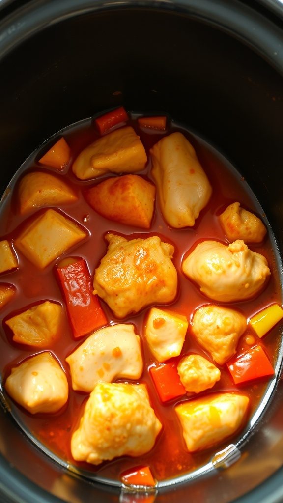 A close-up view of sweet and sour chicken in a slow cooker, featuring chicken pieces, bell peppers, and sauce.