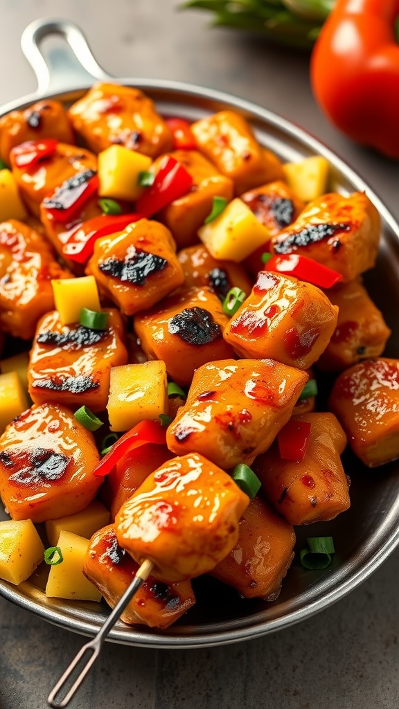 Sweet and sour chicken skewers with colorful vegetables and pineapple