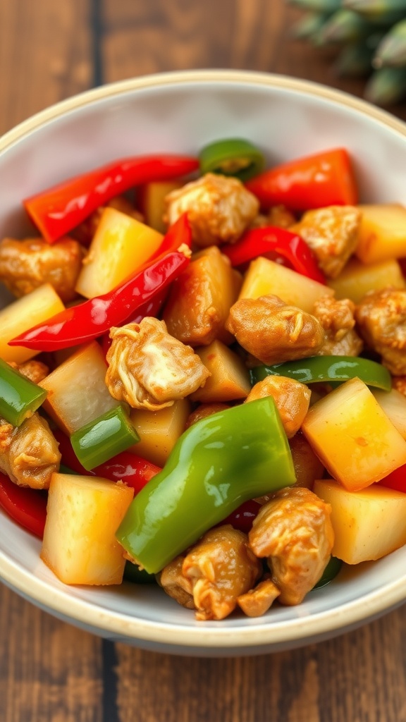 A colorful sweet and sour chicken stir-fry with bell peppers and pineapple in a bowl.