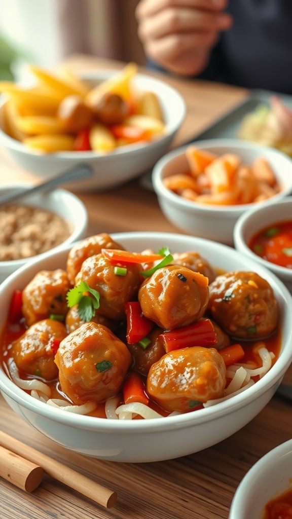 A bowl of sweet and sour meatballs with colorful peppers and sauce.