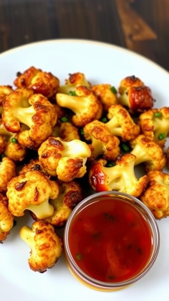 A plate of sweet and spicy air fryer cauliflower bites served with a dipping sauce.