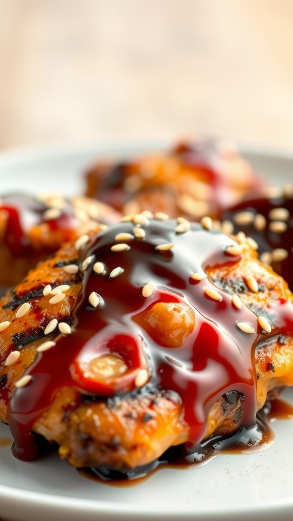 A vibrant sweet and spicy Asian glaze drizzled over grilled chicken, topped with sesame seeds.