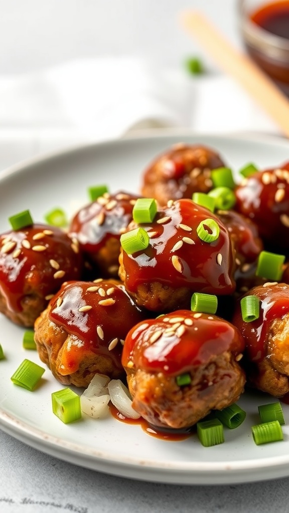 A plate of sweet and spicy Asian meatballs garnished with green onions and sesame seeds.