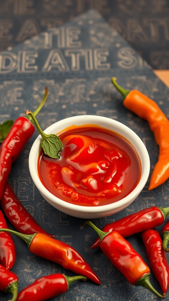 A bowl of sweet and spicy chili sauce surrounded by fresh chili peppers