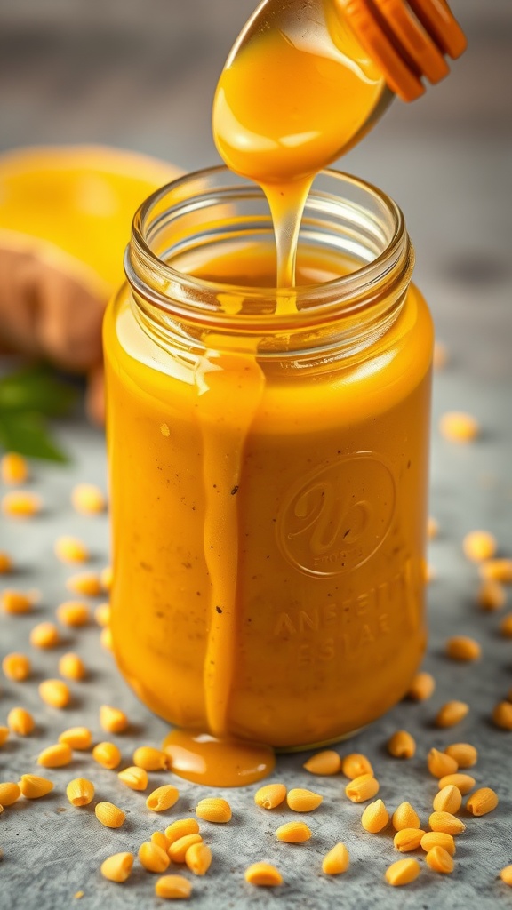 A jar of homemade sweet and spicy honey mustard sauce.