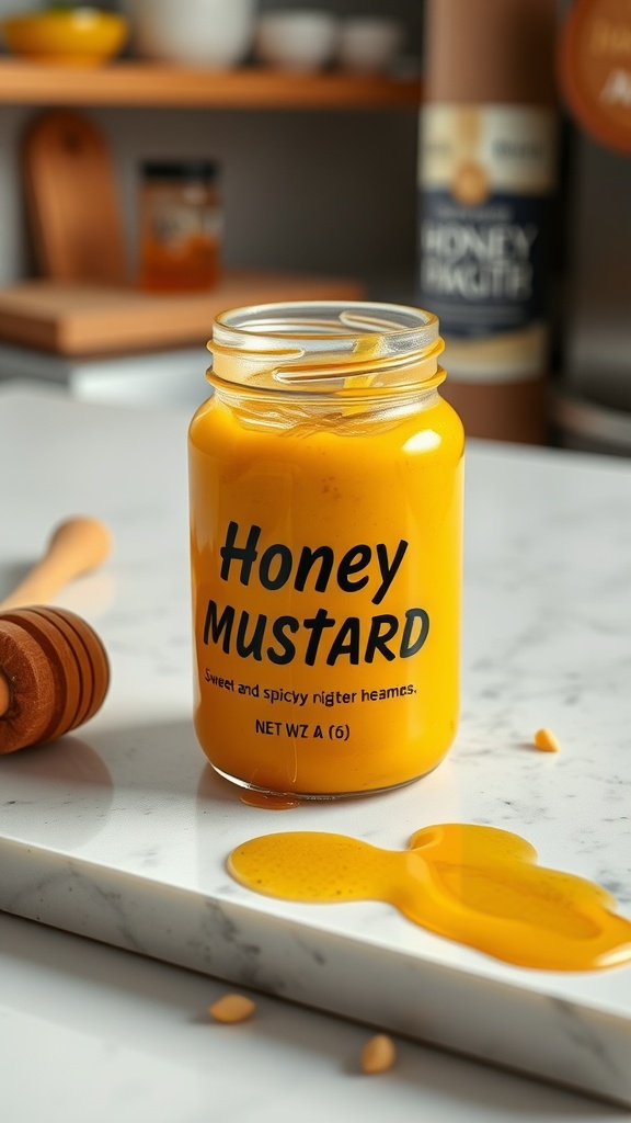 A jar of sweet and spicy honey mustard on a countertop with a honey dipper