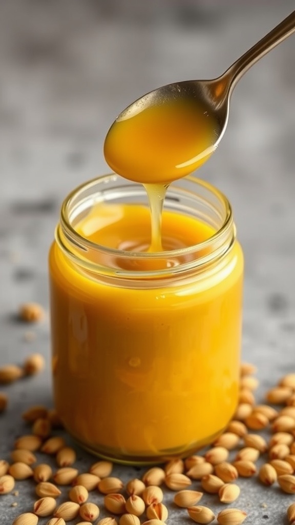 A jar of sweet and spicy honey mustard with a spoon drizzling the sauce