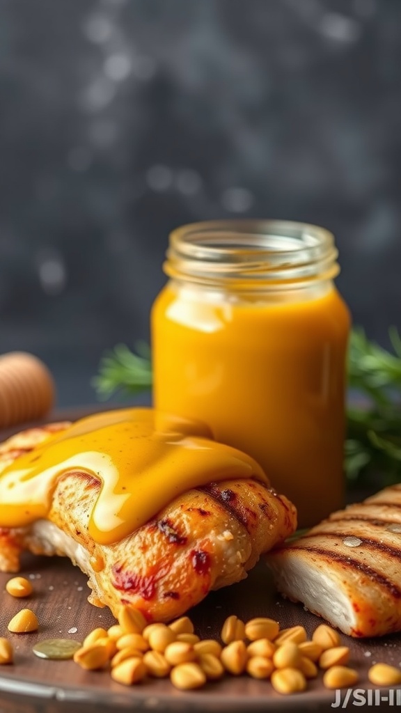A jar of sweet and spicy honey mustard sauce with grilled chicken and honey drizzled on top.
