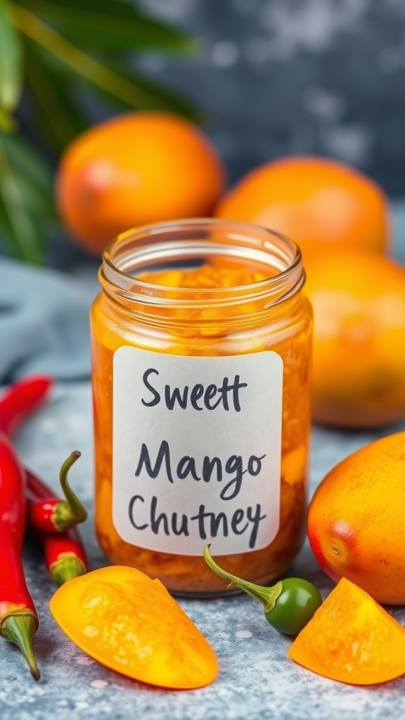 A jar of sweet mango chutney surrounded by fresh mangoes and chilies.