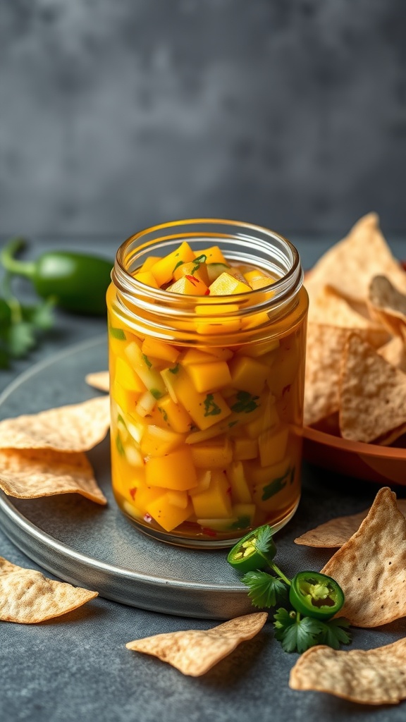 A jar of sweet and spicy mango salsa with tortilla chips on the side.