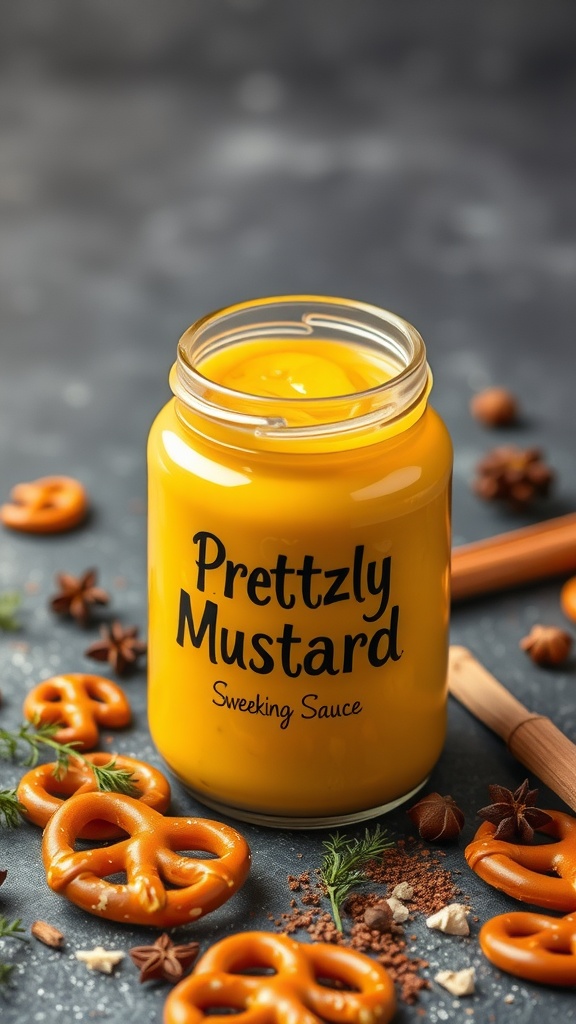 A jar of sweet and spicy mustard sauce next to pretzels and spices.