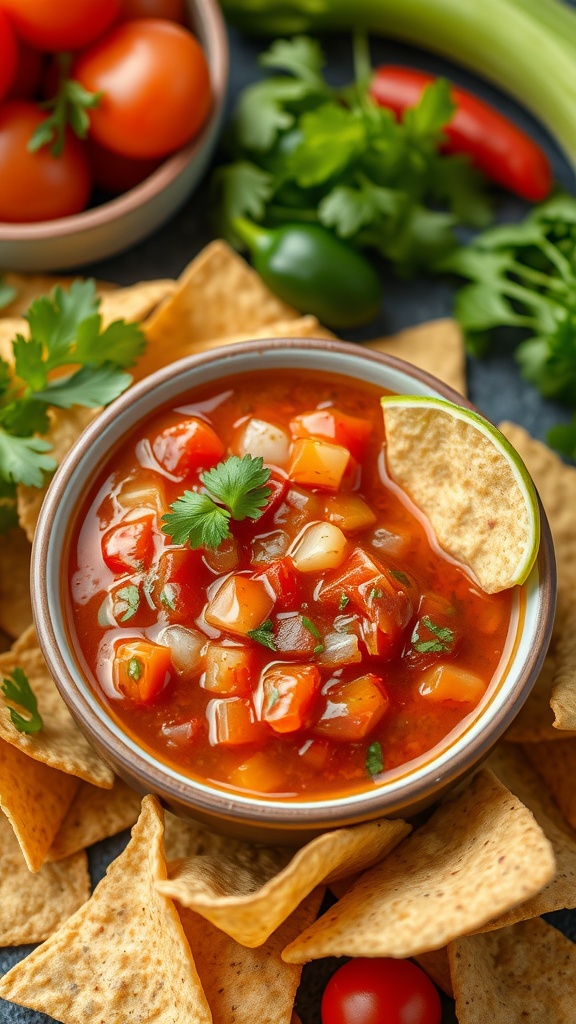 A bowl of sweet and spicy salsa surrounded by tortilla chips and fresh ingredients.
