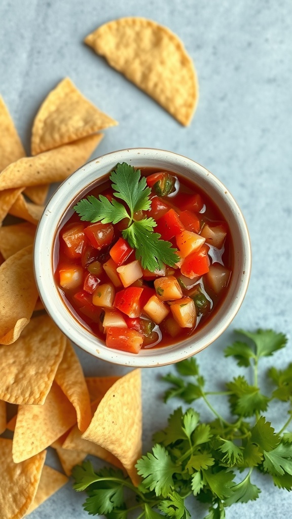 A bowl of sweet and spicy salsa surrounded by tortilla chips and fresh cilantro.