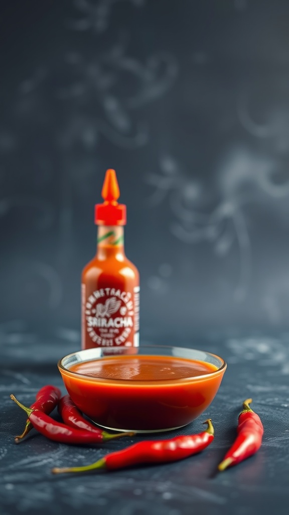 A bowl of homemade sweet and spicy sriracha sauce with fresh red chili peppers.
