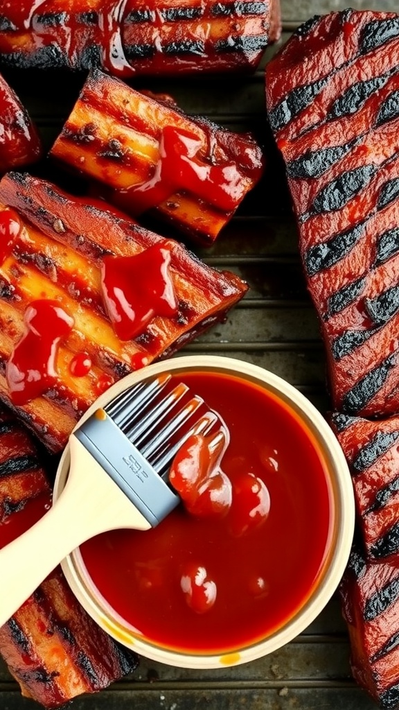 A bowl of sweet and tangy barbecue sauce with grilled meat.